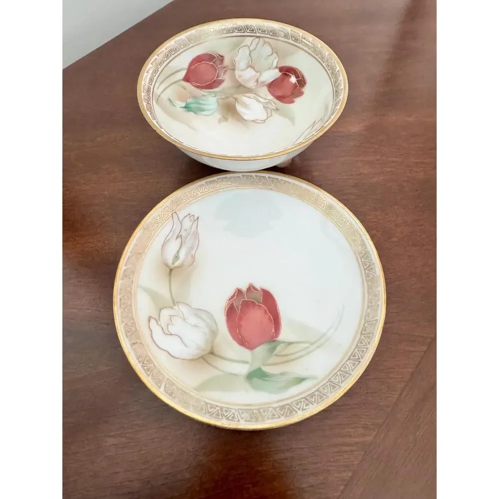 Antique Art Deco RS Germany Hand-Painted Tulip Porcelain Bowl and Plate Set